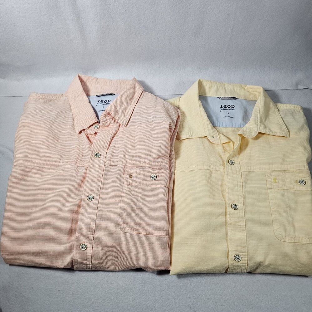 (TWO) Izod Saltwater Mens Button Shirts Peach/Yellow Large Cotton Short Sleeve